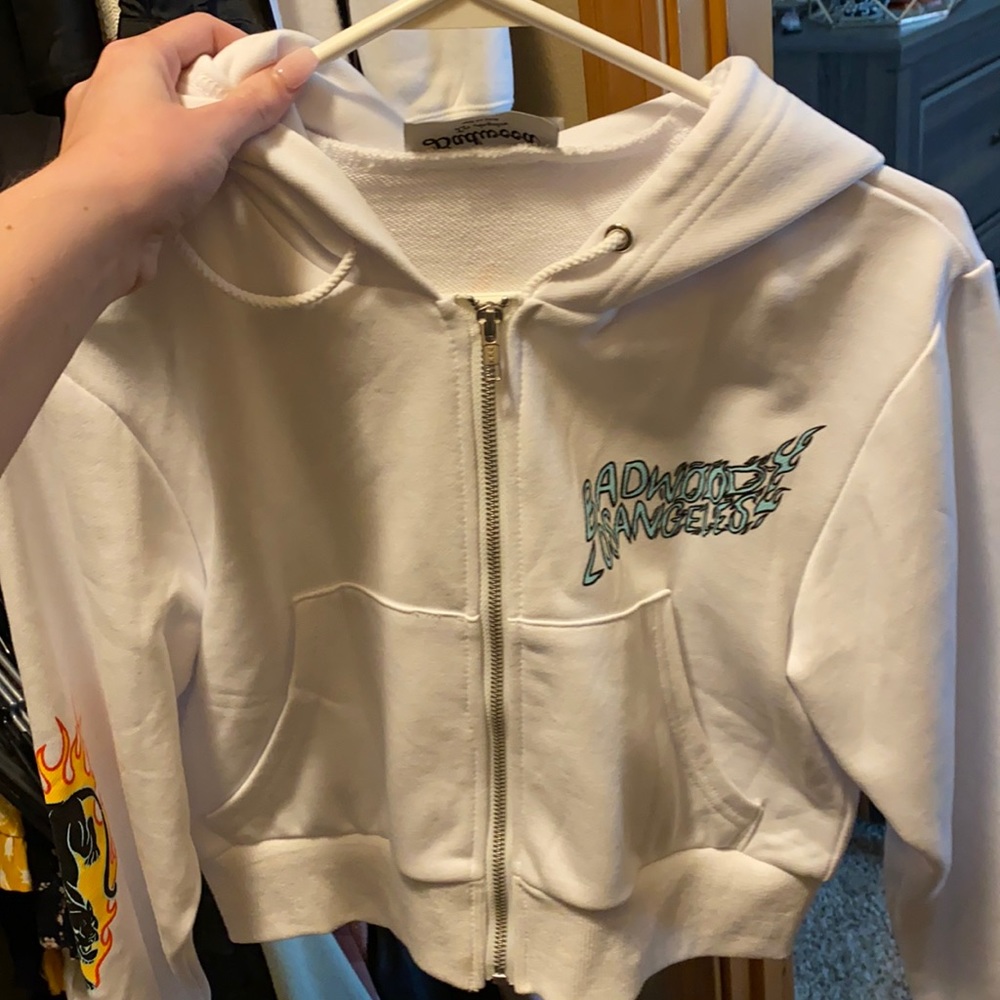 BADWOOD twin flame white crop hoodie size small